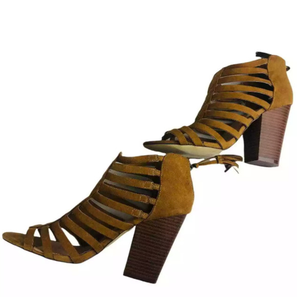 JustFab Womens Romina Cognac Strappy Peep Toe Faux Suede Heeled Sandals Size 10 - Picture 3 of 9